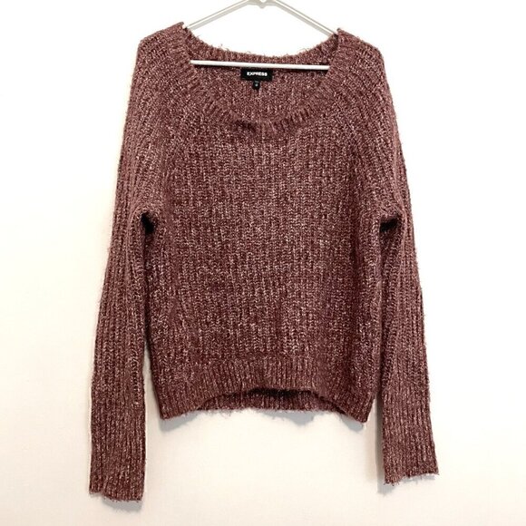 EXPRESS Purple White Marled Fuzzy Chunky Knit Thumbholes Round Neck Sweater XS - Picture 1 of 12